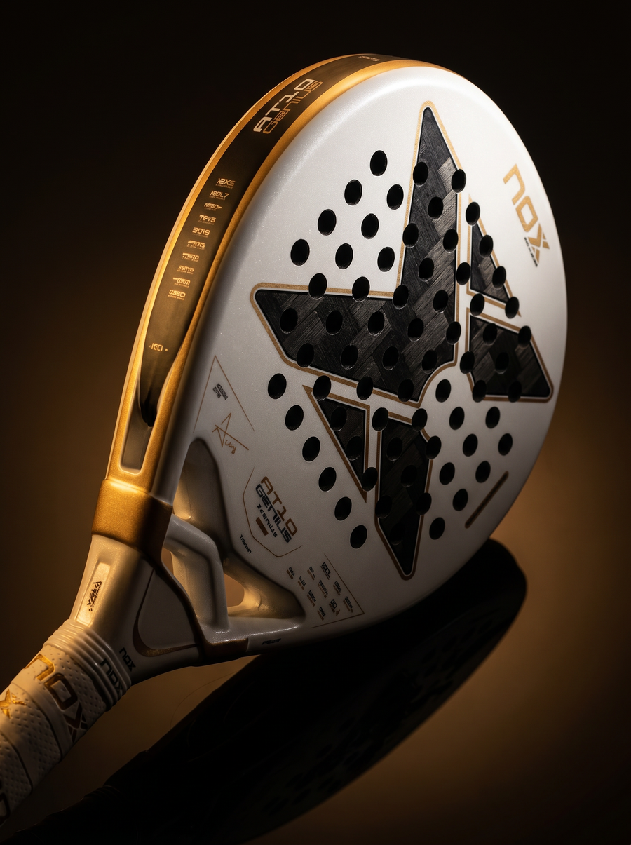 Close-up of a padel racket head with brand logo on a dark background